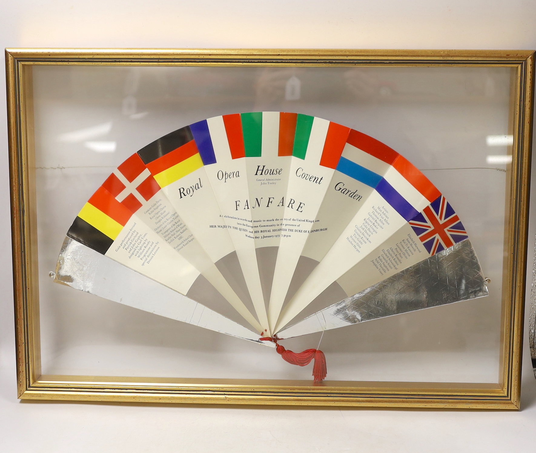 A Royal Opera House, Covent Garden cased programme in the form of a fan, ‘Fanfare’ 3 January 1973, frame dimensions 41 x 58.5cm